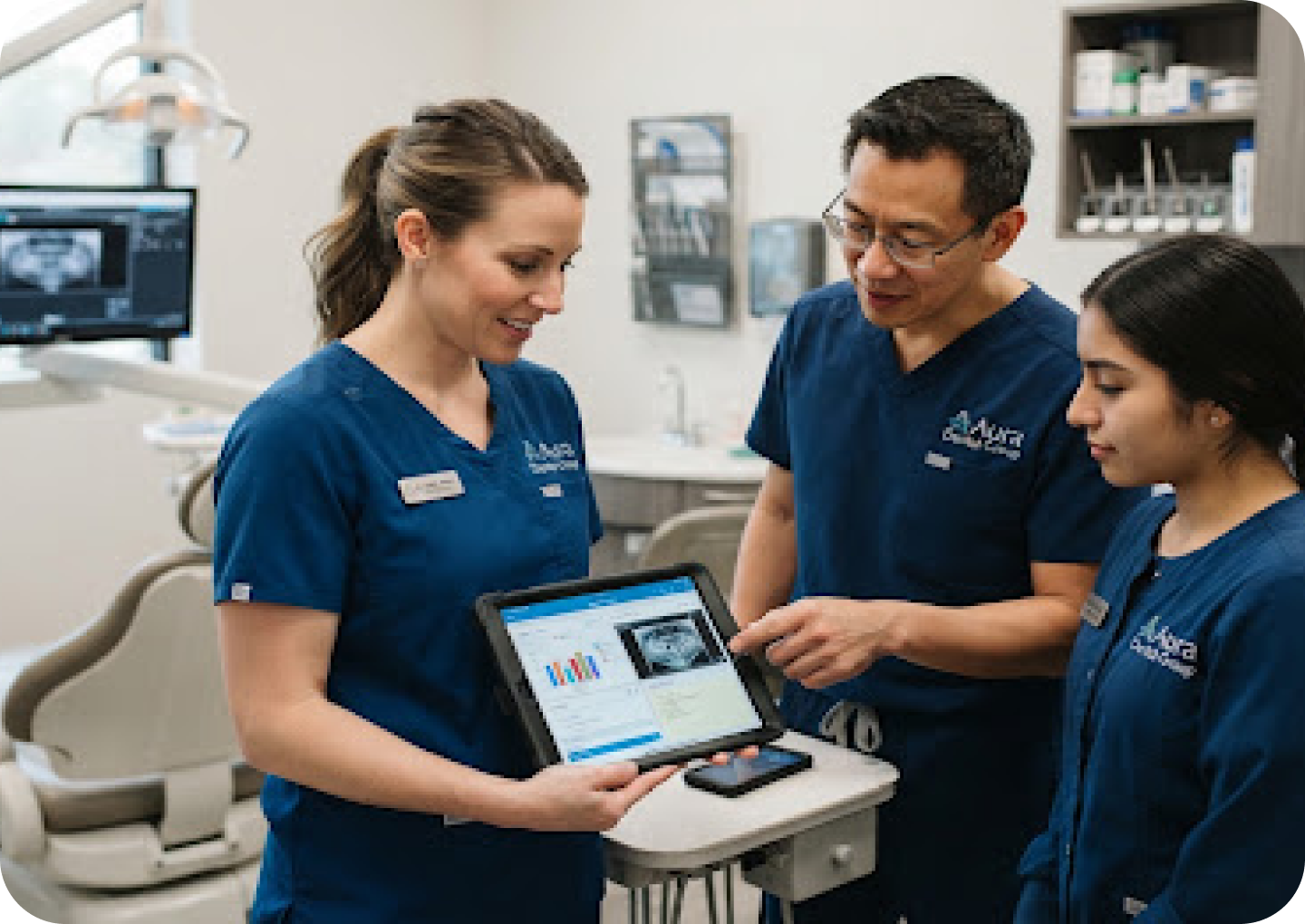 Dental team reviewing a tablet